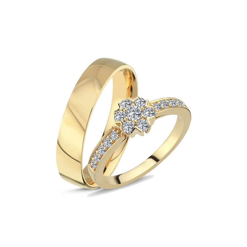 Nuran vielsesringe i 14 kt guld med 0,47 ct diamanter – klassisk sæt med damering prydet af 17 diamanter og enkel herre ring.